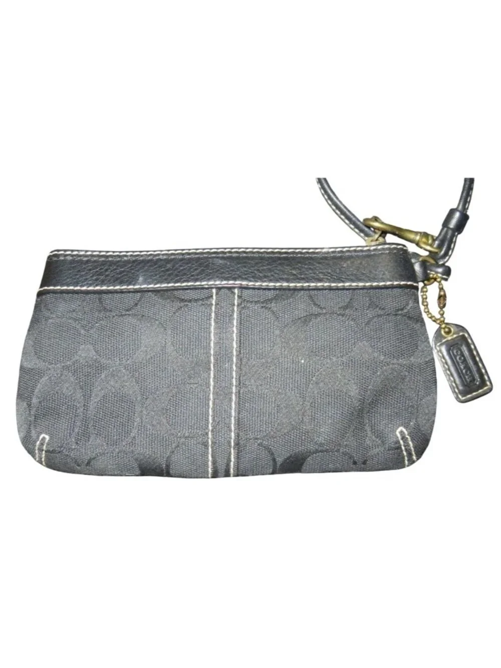 Coach Vintage Black Signature C Jacquard Canvas & Leather Wristlet & Charm Pull